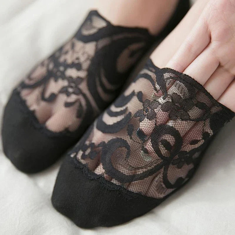 Breathable Lace Slipper School Socks Black
