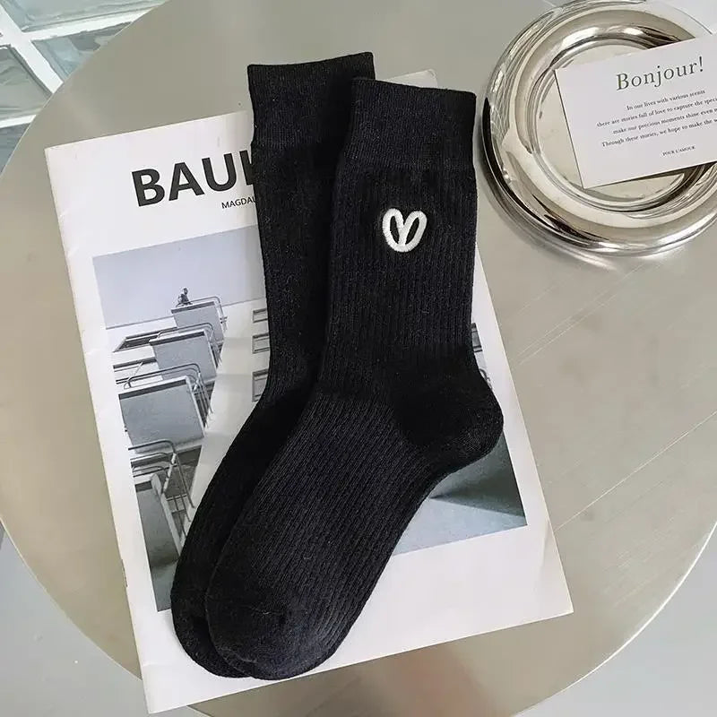 Embroidered Love Cotton Mid Tube Socks