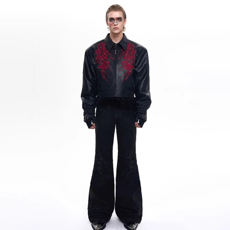 Men Premium Embroidered Patchwork Leather Jacket