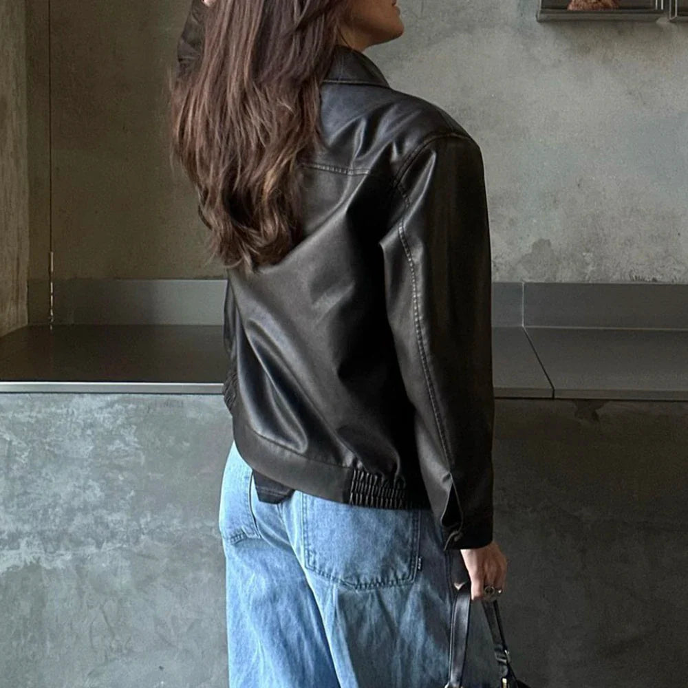 Women Chic Fashionable Zipper Leather Jacket
