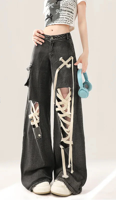 Black Strap Ripped Wide Jeans