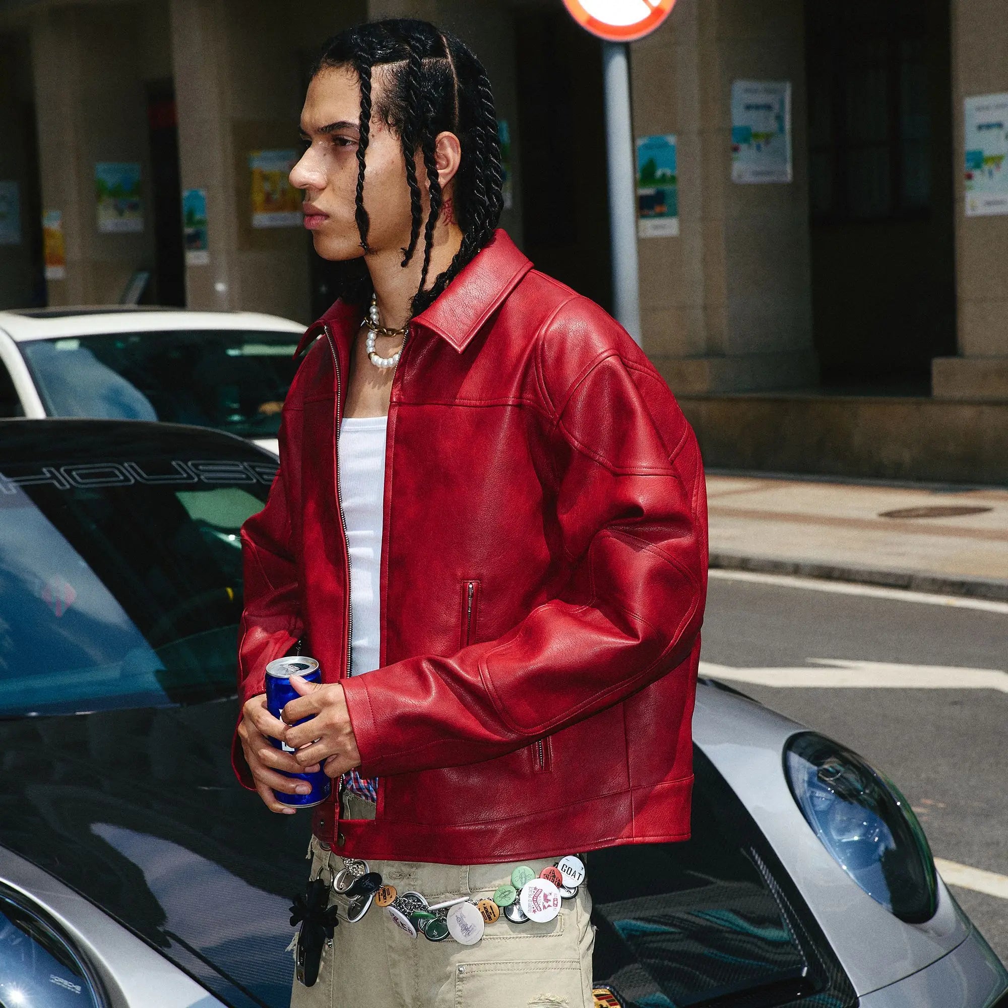High-End Red Korean Style Hip Hop Leather Jacket