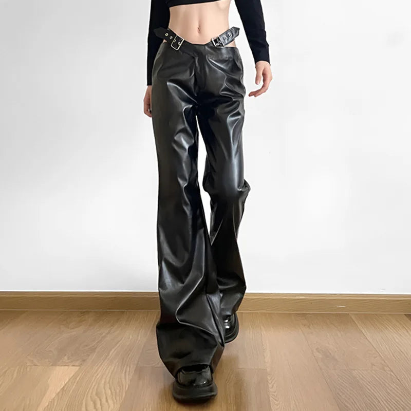 Gothic High Waist Metal Belt Leather Pants