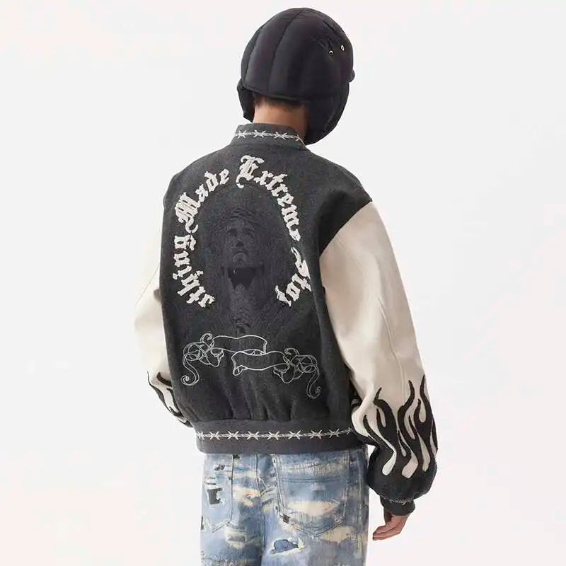 Flame Mixed Knit Embroidery Colorblock Jacket