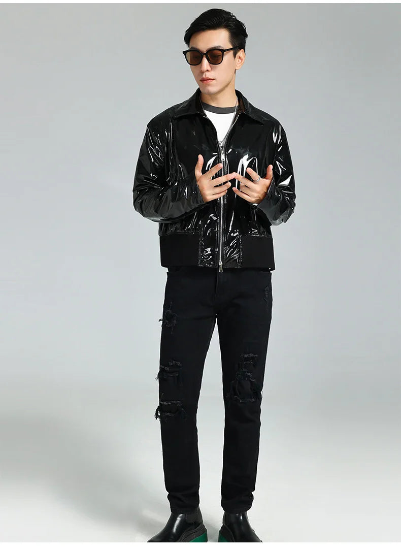 Black Shiny Reflective Patent PU Leather Jacket