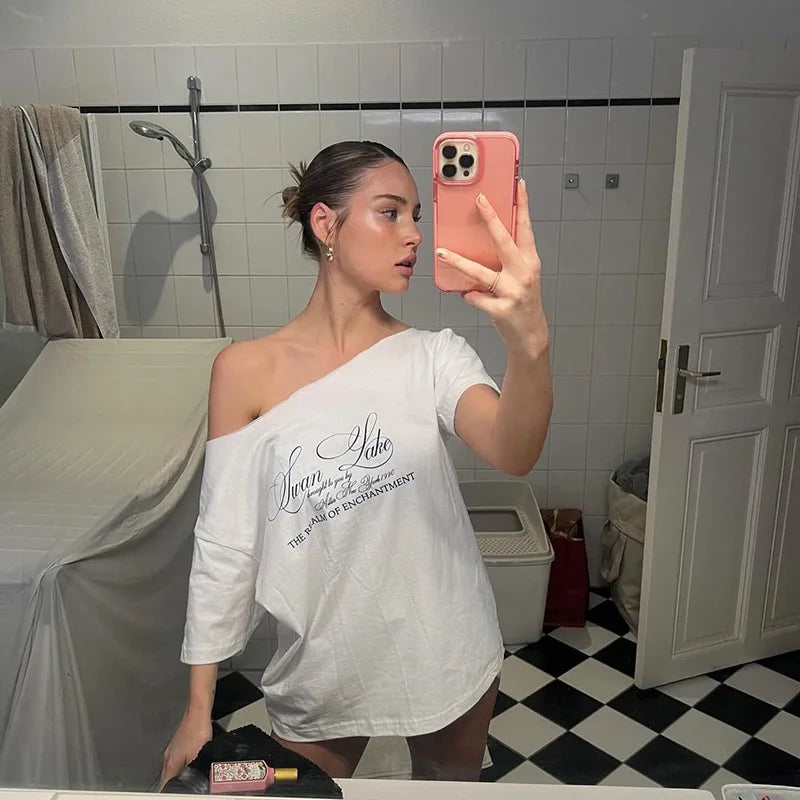 Oversized One-Shoulder Graphic White Tee - MADXMARX