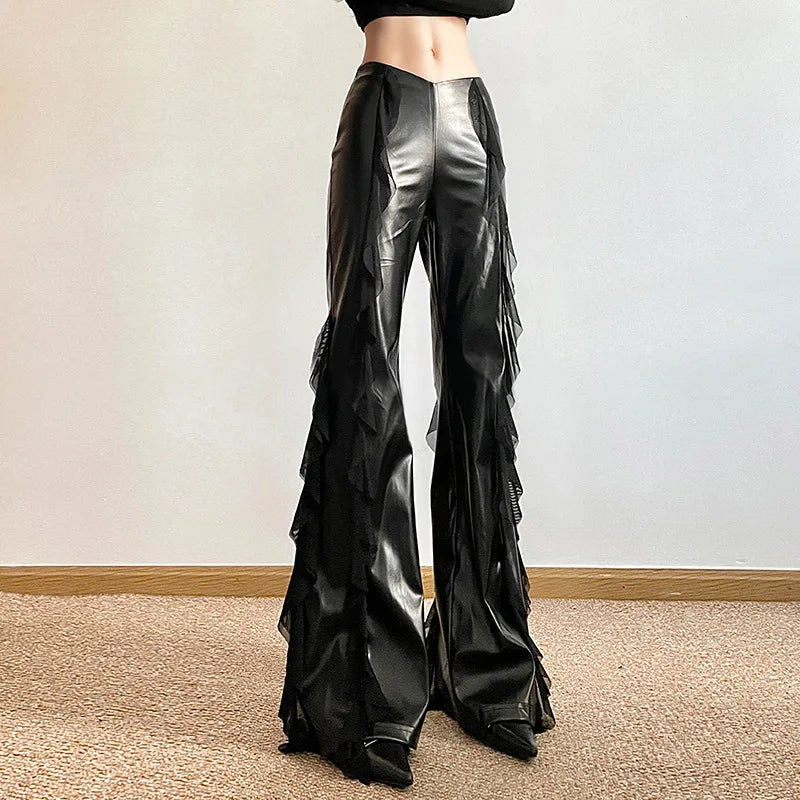 Faux Patchwork Mesh High Leather Pants