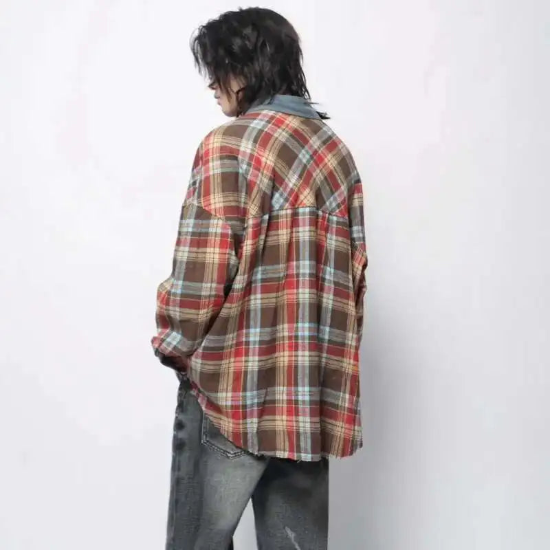 Fashionable Vintage Plaid Frayed Edge Long Sleeve Shirt
