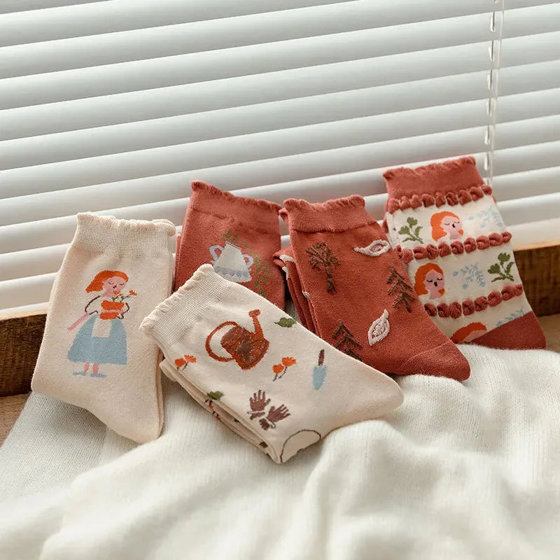 Sweet Kawaii Cartoon Print Floral Socks