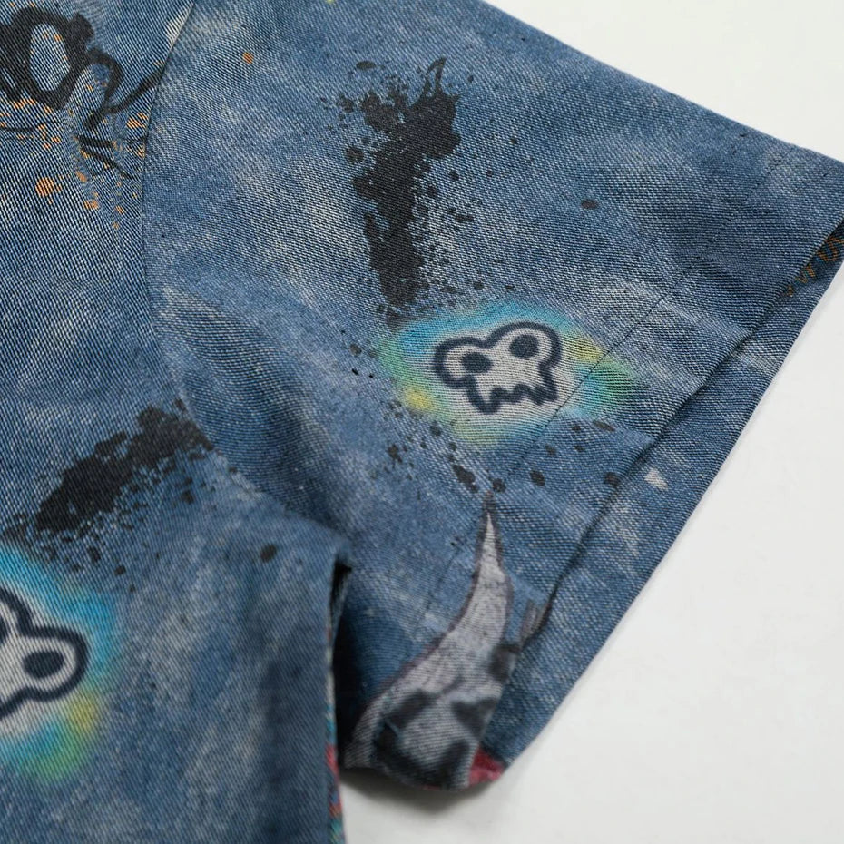 Oversized Graffiti Printed Vintage Denim Shirt