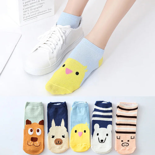 Meias femininas estilo soquete com estampa de bichinhos - Cor5 5 Pares / Tamanho Único