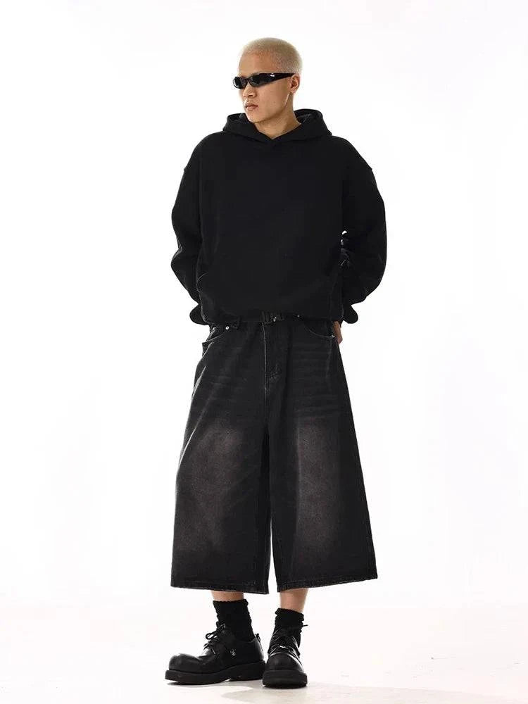 Men Black Wide Leg Cleanfit Denim Jorts