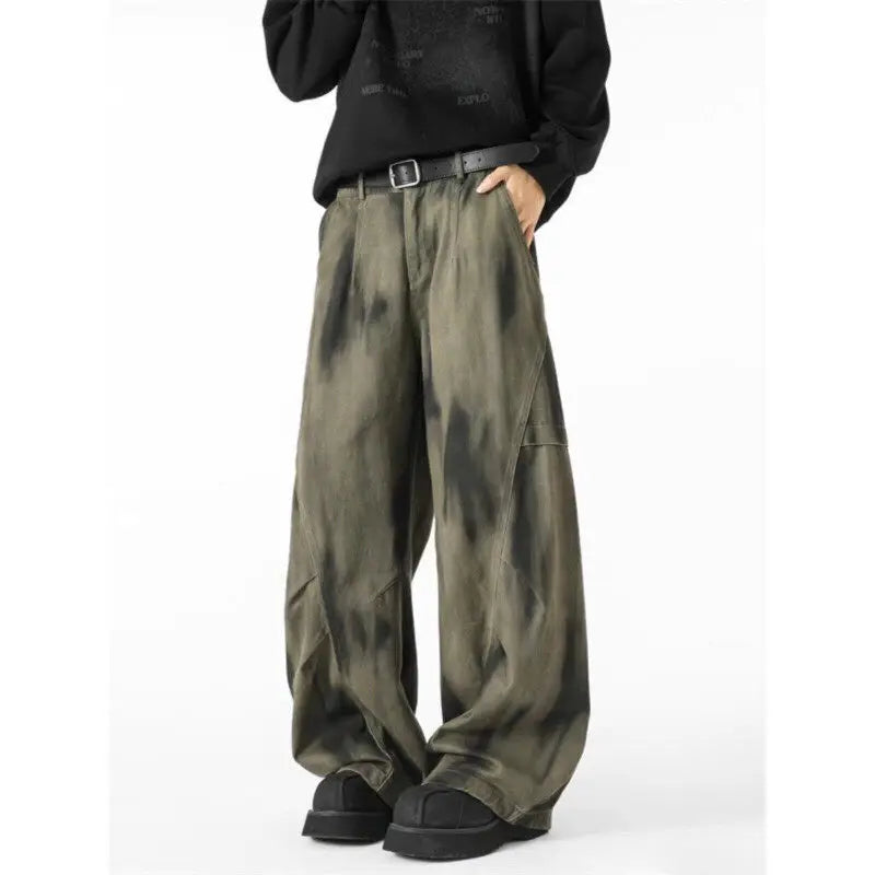 Distressed Tie Dye Denim Wide-Leg Jeans