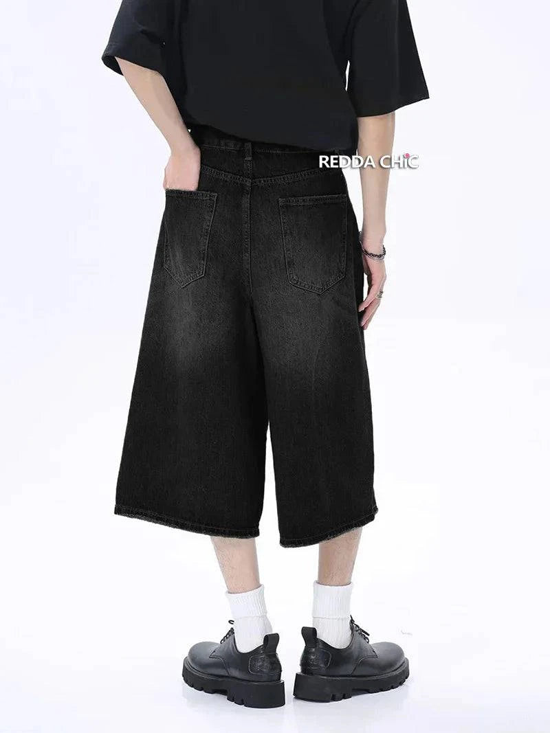 Black Retro Distressed Whiskers Denim Jorts