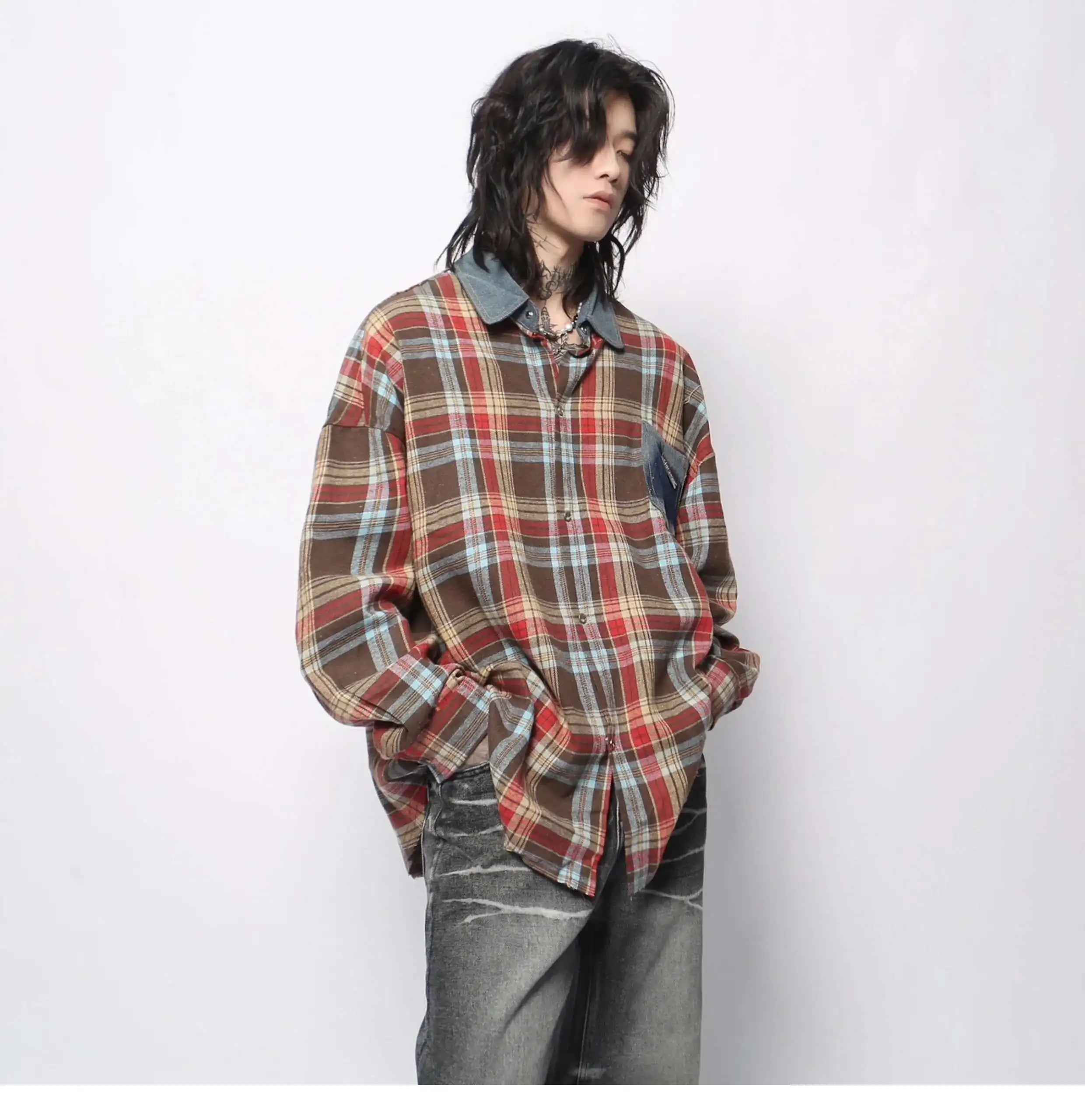 Fashionable Vintage Plaid Frayed Edge Long Sleeve Shirt