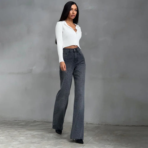 Gerade geschnittene Jeans mit Leopardenmuster und hoher Taille - Dunkelgrau / S