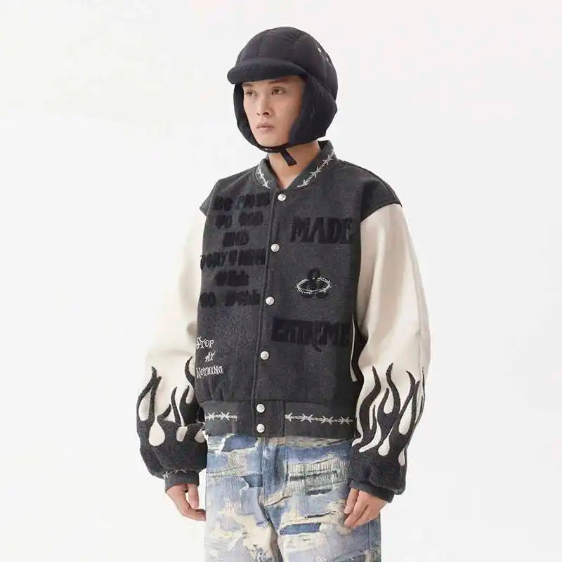 Flame Mixed Knit Embroidery Colorblock Jacket