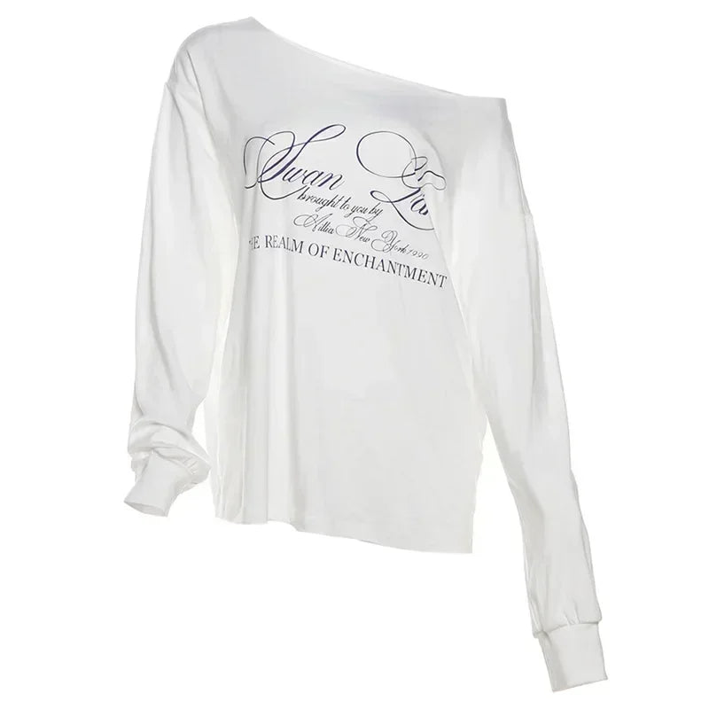 Oversized One-Shoulder Graphic White Tee - MADXMARX