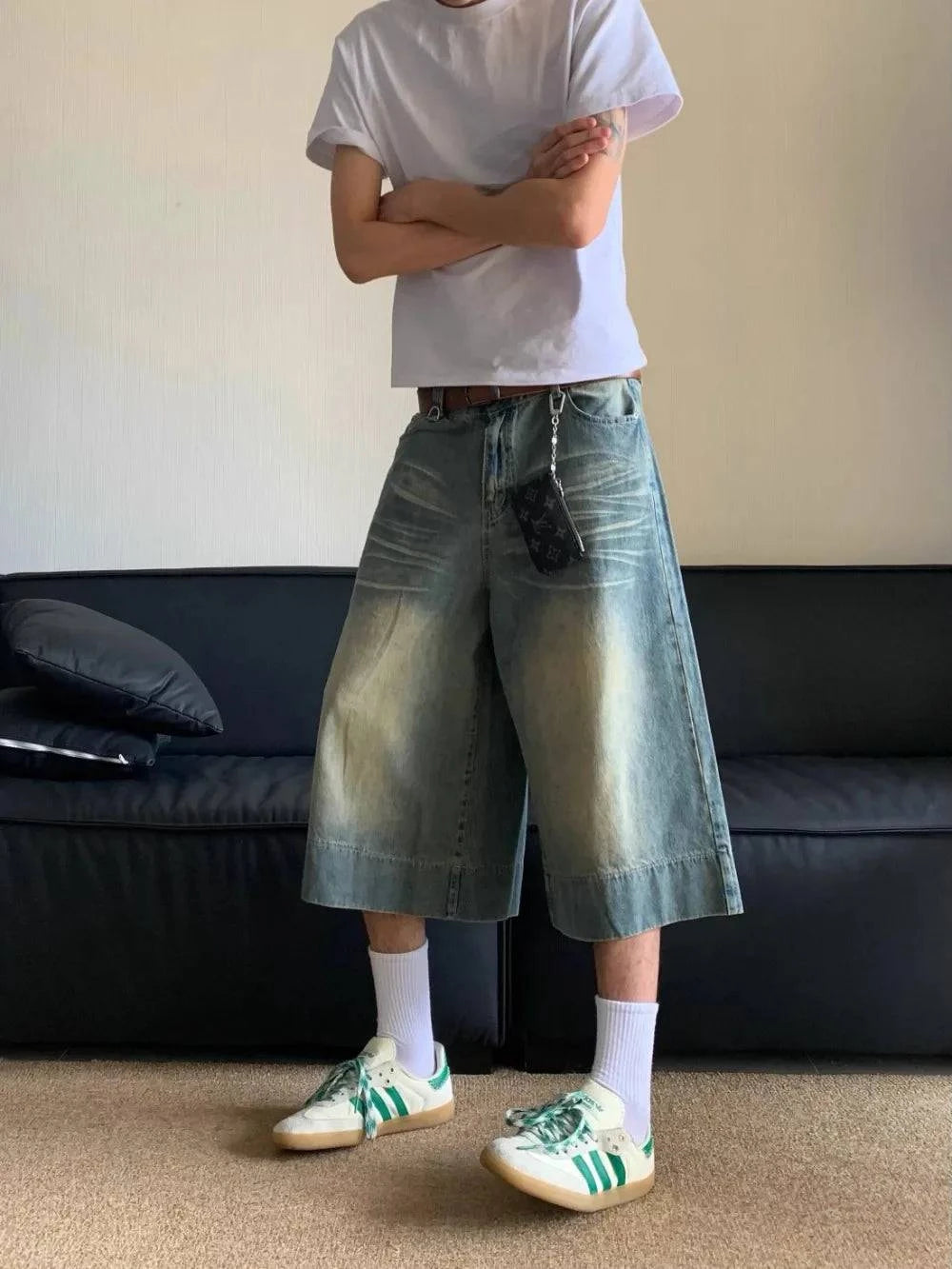 Pantalones cortos de pierna ancha en azul lavado