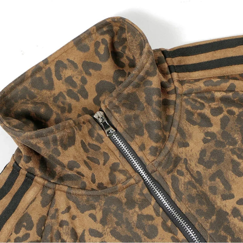 Leopard Zipper Retro Stand-Up Collar Suede Jacket