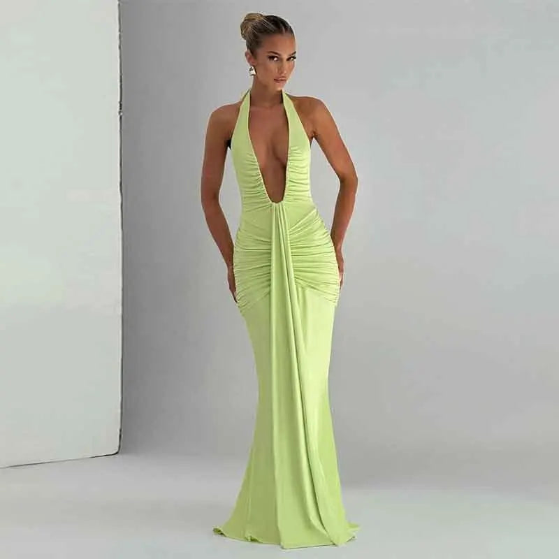 Ruched Deep Plunge Maxi Dress