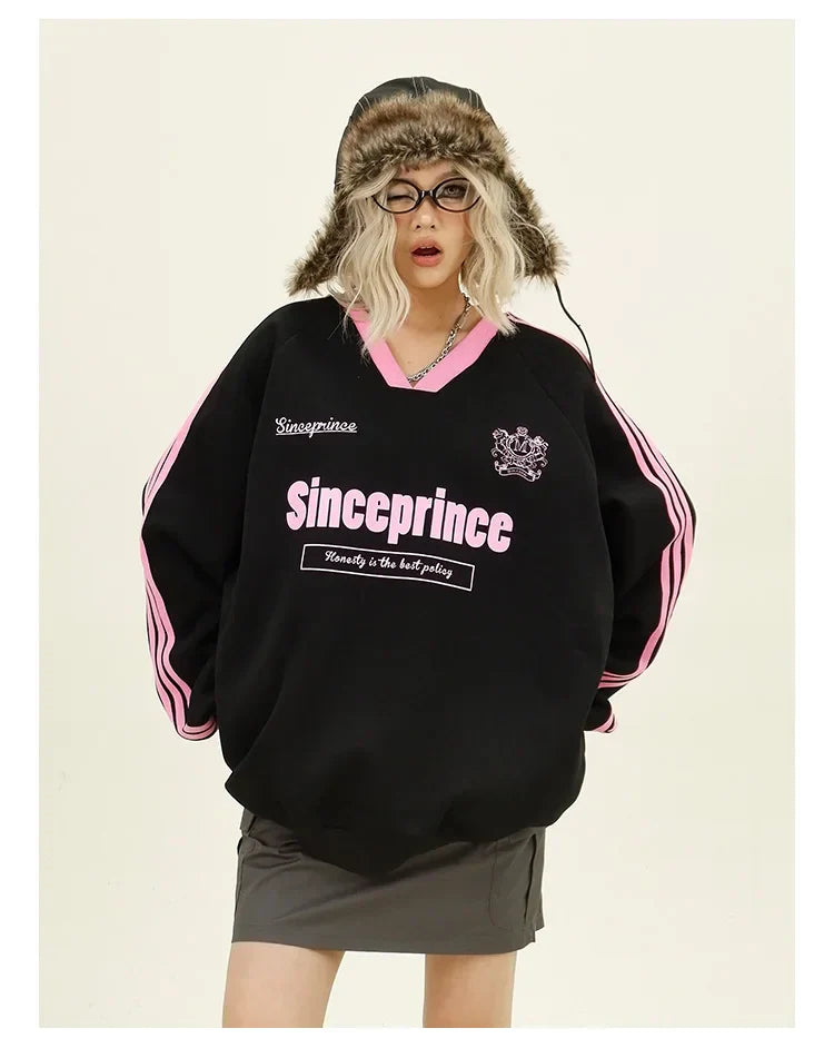 Women Contrasting Color V-Neck Sweatshirt