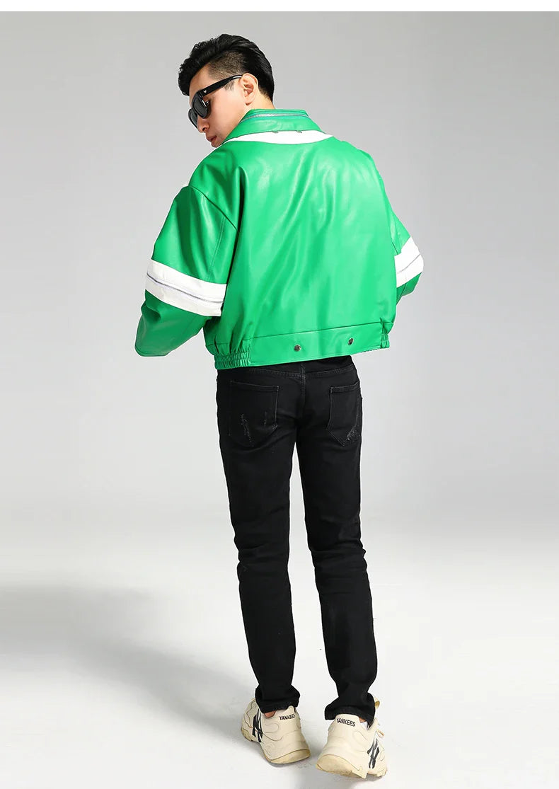 Cool Green Block Pu Leather Jacket