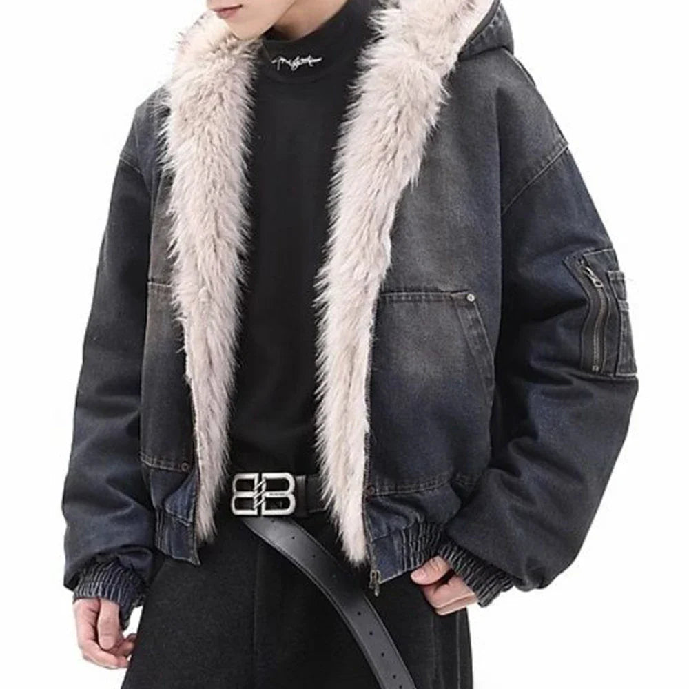 Winter Thickened Furry Hooded Denim Jacket