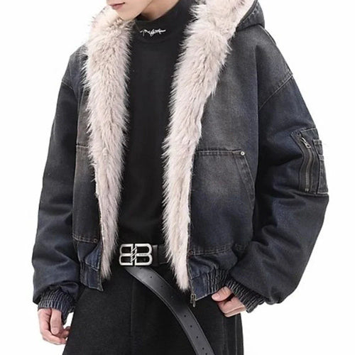 Winter Thickened Furry Hooded Denim Jacket - Blue / XL