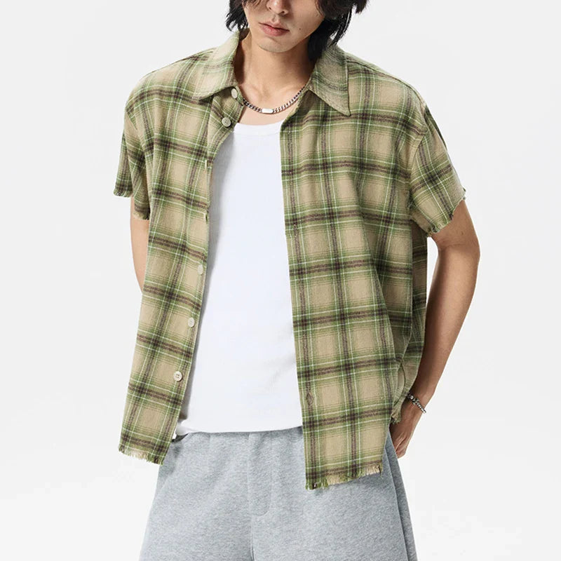Green Plaid Vintage Lapel Short Sleeve Shirt
