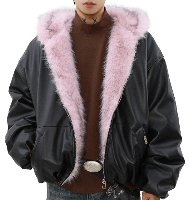 Streetwear Chic Plush Padded Parka Leather Jacket