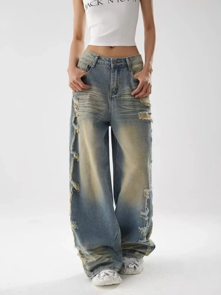 Vintage Distressed Blue Stacked Wide Jeans