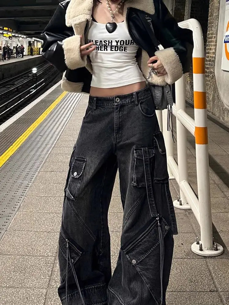 Vintage Lace-Up High Waisted Emo Jeans