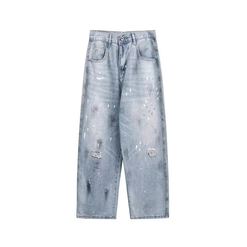 Ripped Baggy Graffiti Printed Denim Jeans