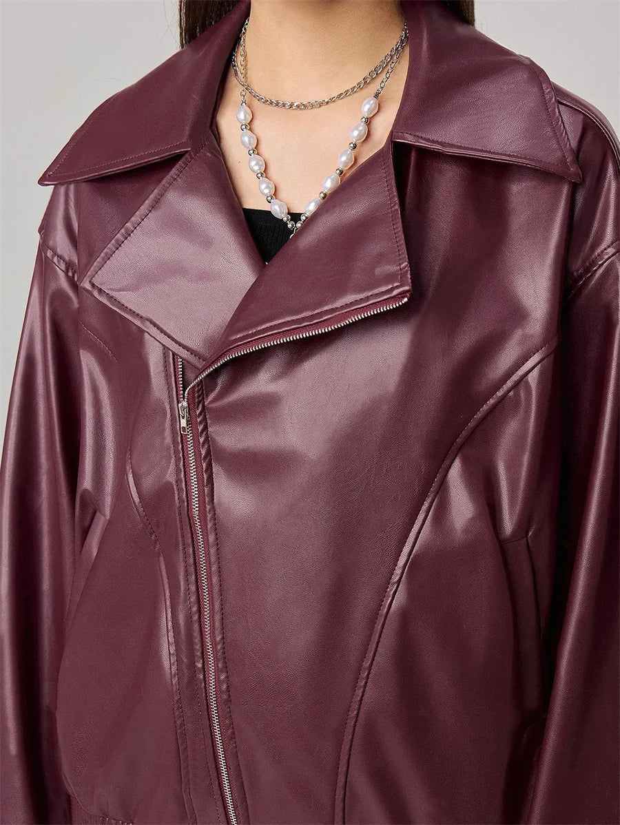 Burgundy Stylish Faux Zip-Up Leather Jacket