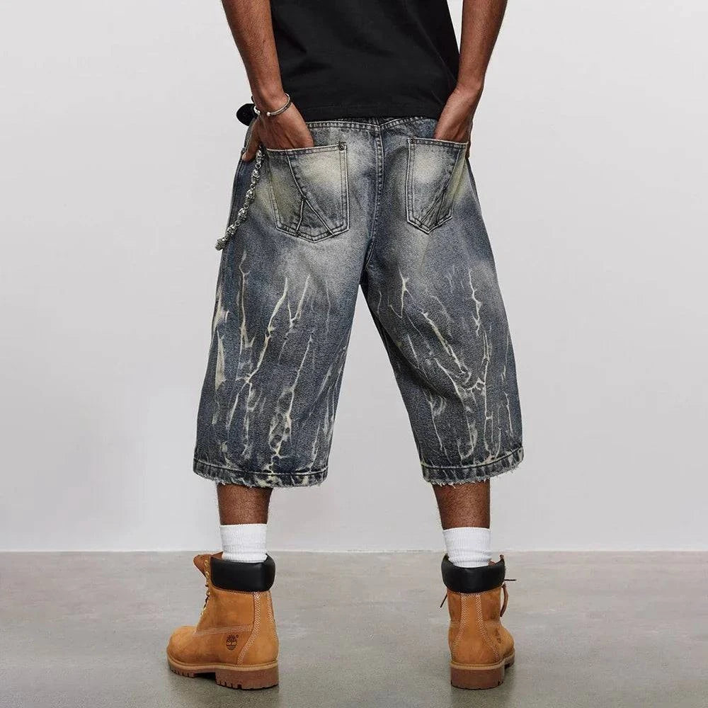 Lightning-Muster gewaschene kurze Jeans-Shorts