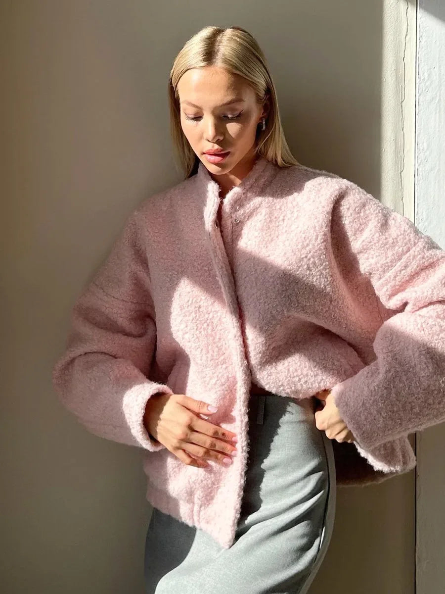 Women Pink Stylish Chic Fur Cardigan