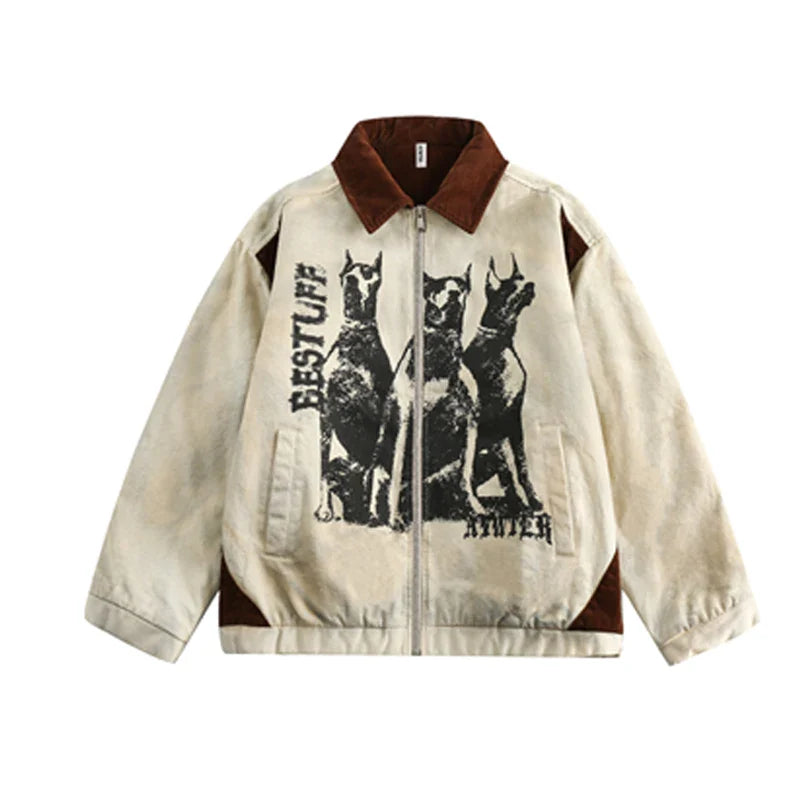 Cozy Distressed Dog Head Graffiti Lapel Jacket