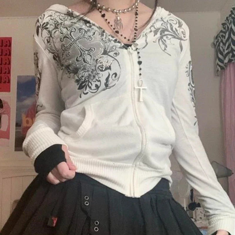 Rhinestone White Zipper Long Sleeve Sweatshirt