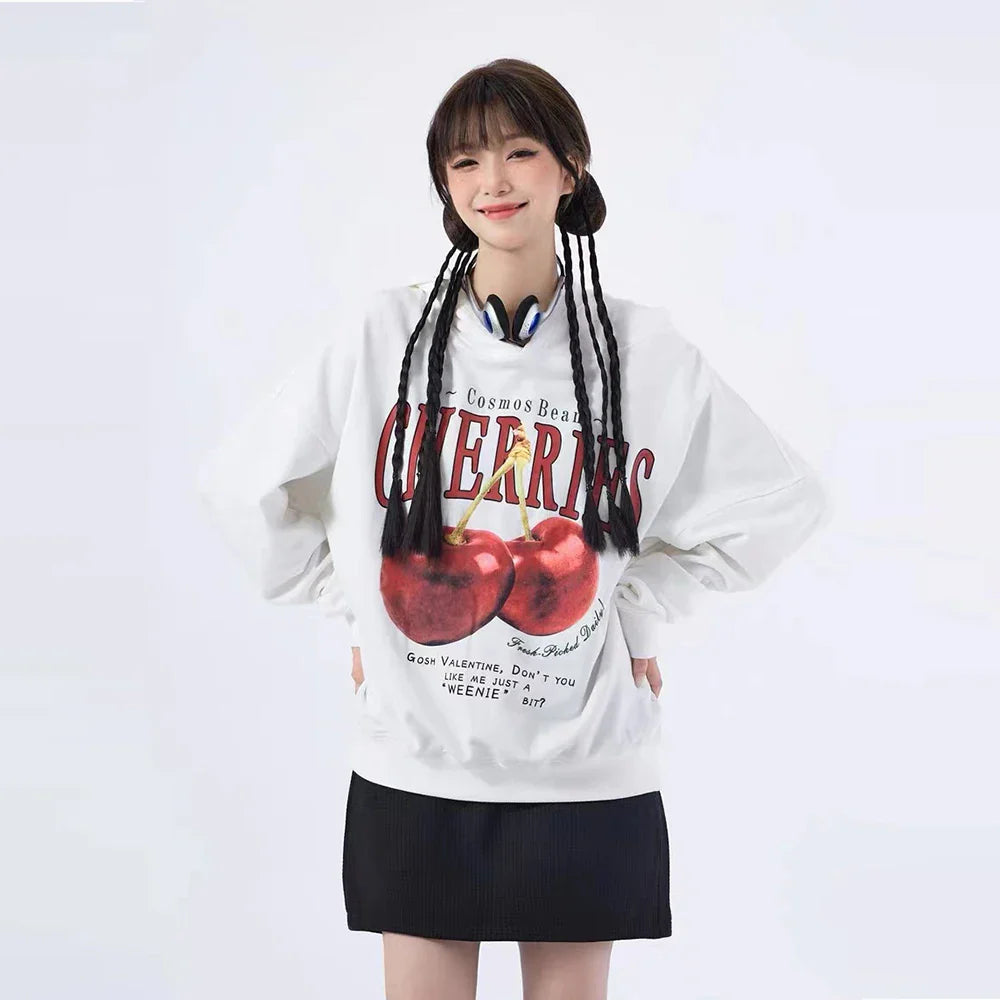Cherries Print Casual Cotton Hoodie