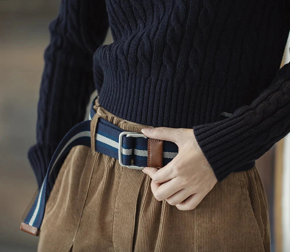 Blue and White Colorblocking Double Ring Belt