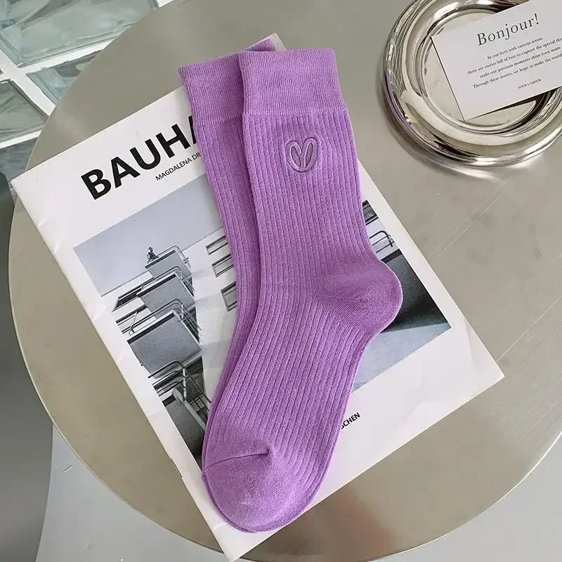 Embroidered Love Cotton Mid Tube Socks