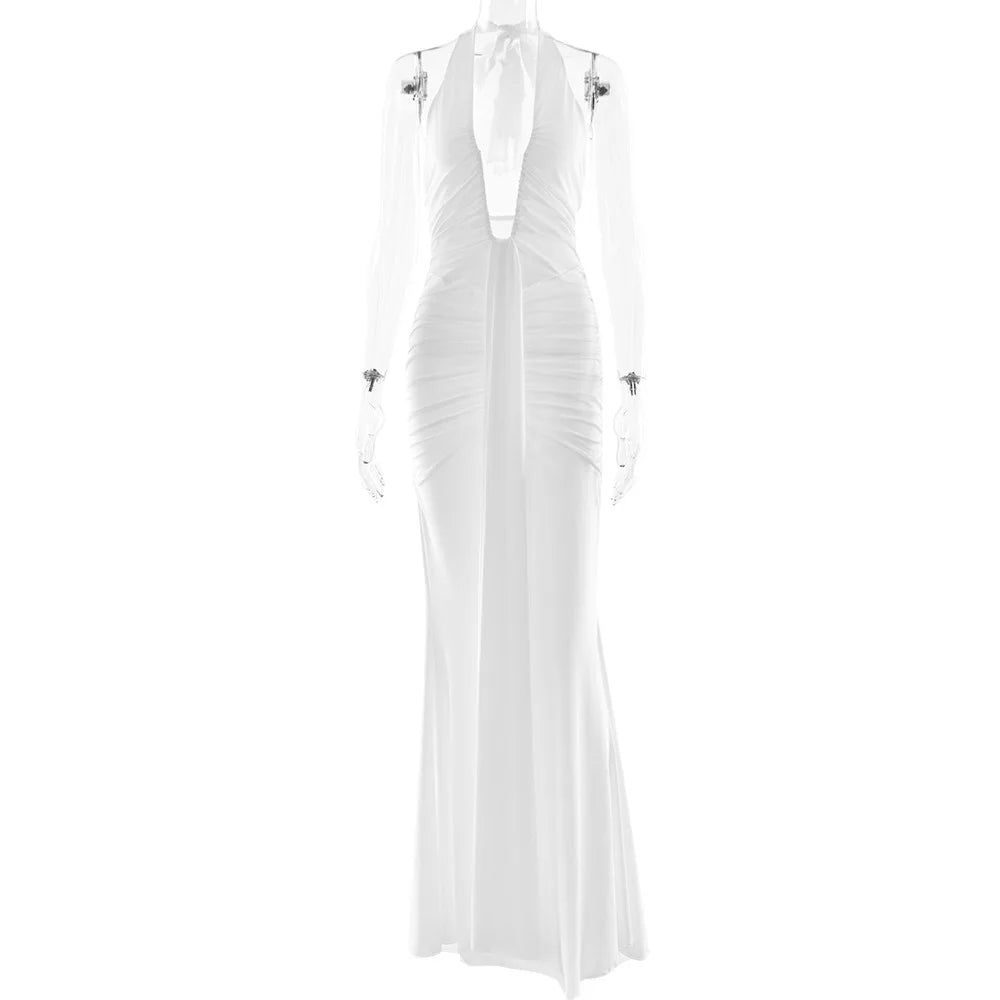Ruched Deep Plunge Maxi Dress
