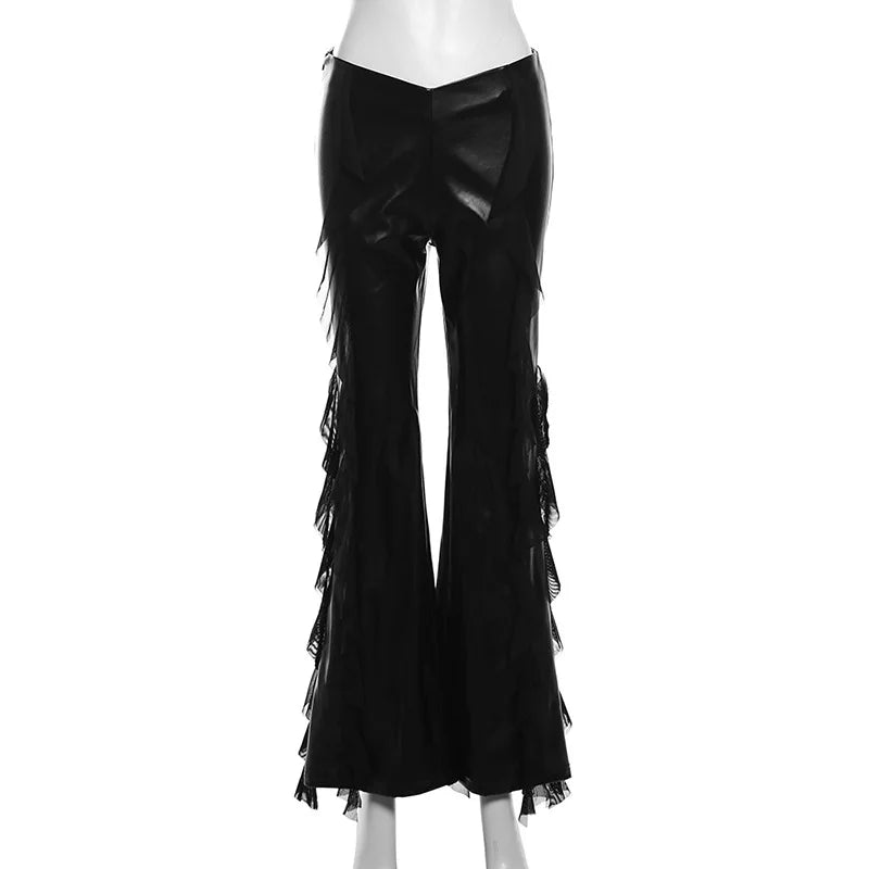 Faux Patchwork Mesh High Leather Pants