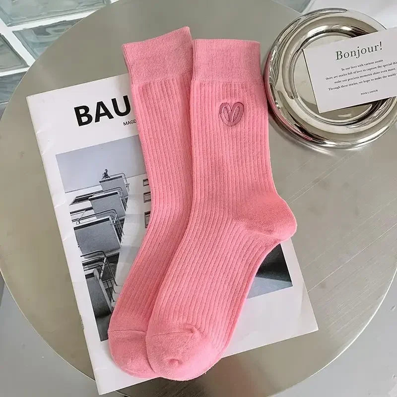 Embroidered Love Cotton Mid Tube Socks