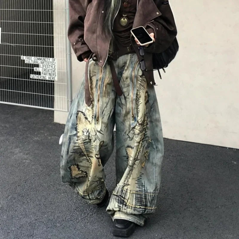 Oversized American Style Embroidered Jeans