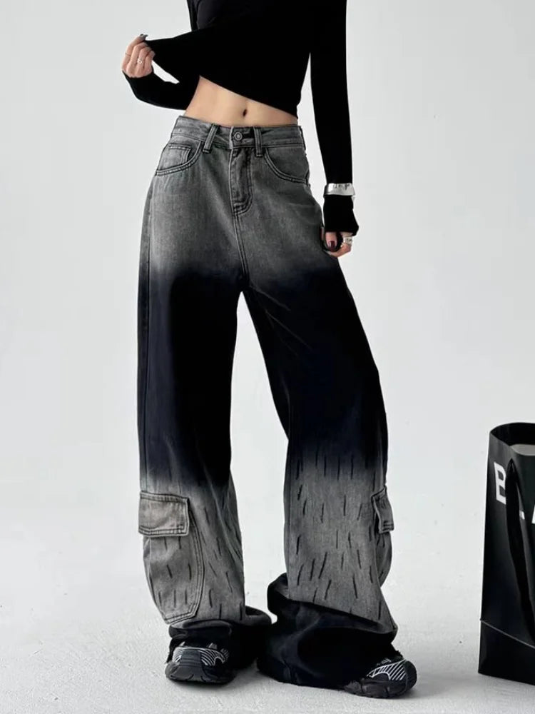 Vintage Black Grey Baggy Wide Jeans