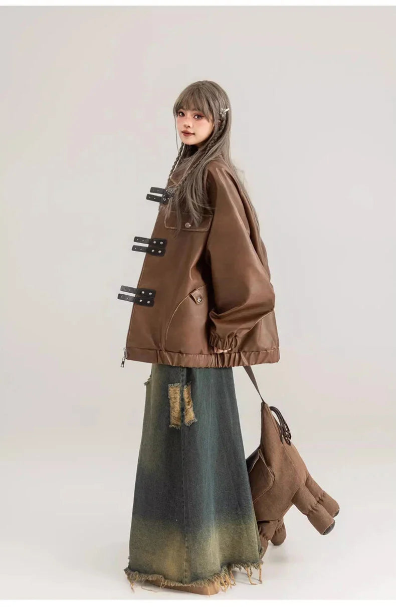 Classic Distressed Brown Faux Leather Jacket