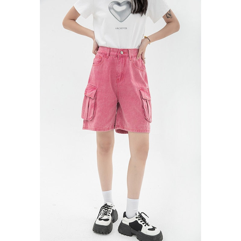 Roze denim shorts met hoge taille