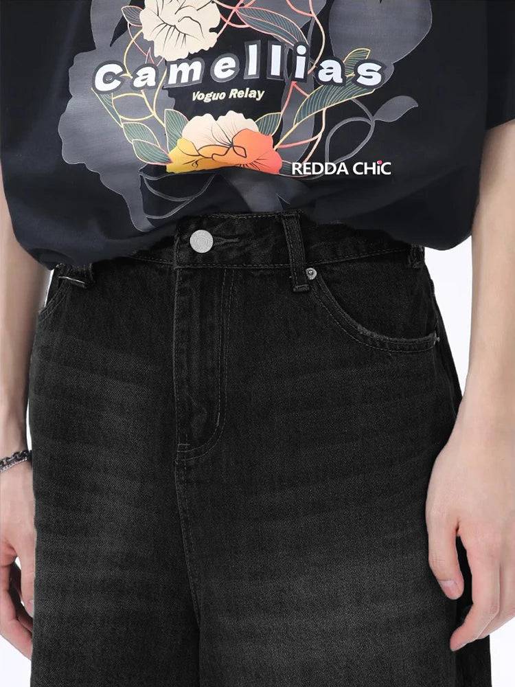 Black Retro Distressed Whiskers Denim Jorts